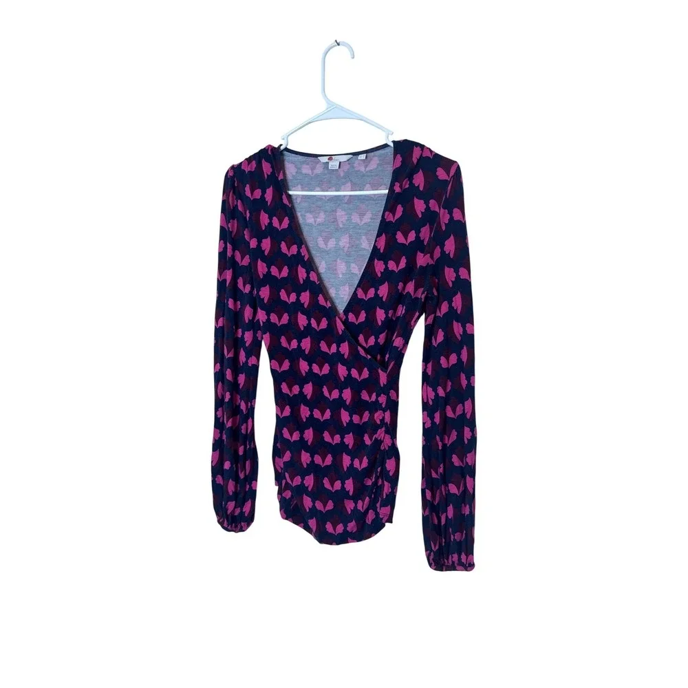 Boden Blouse Womens 4 Blue Pink Floral V Neck Jersey Wrap Top Long Sleeve Ruched
